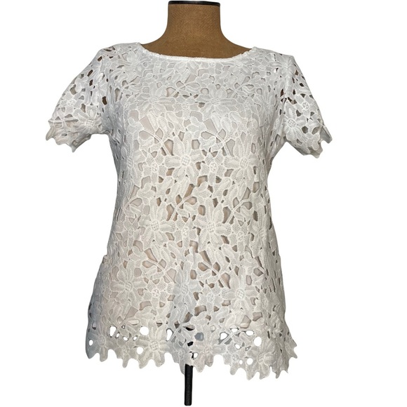 NWT Renee C short sleeve lace lined top white size small shell & lined polyester - Picture 1 of 5